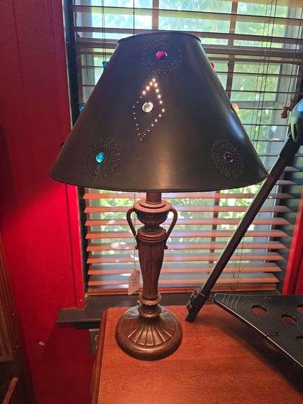 Vintage metal lamp with glass colored bead metal shade aprox 27"h