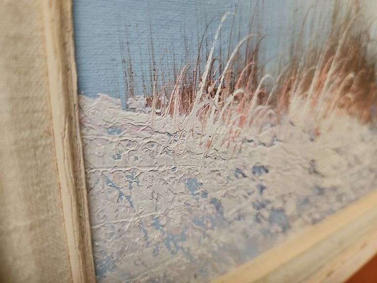 CANVAS PAINTING SIGNED BY ARTIST APPEARS AUTHENTIC IN WHITE WOODEN FRAME APROX 30"x26"