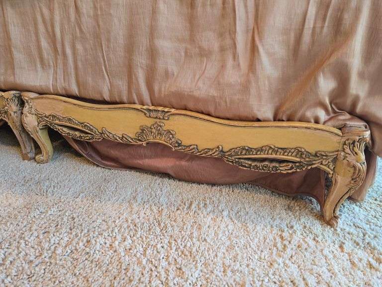 Antique Satinwood carved & hand painted King size bed frame with separated bottom **mattress & bedding incld. If you choose, if not requires removal to curb