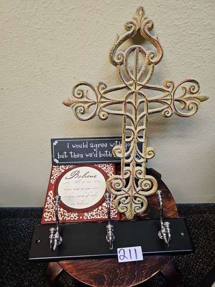 SMALL WALL DÉCOR INCLUDING HEAVY METAL CROSS, CERAMIC INSPIRATIONAL QUOTE, ECT