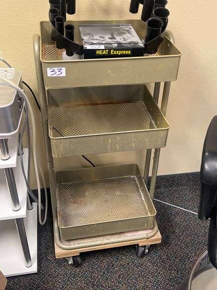 3-TIER ROLLING CART MOUNTED ON WOODEN BASE APROX 17"X14"X38"