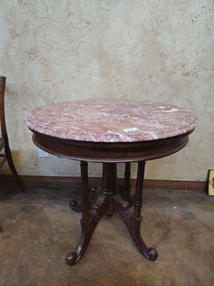 Vintage Granite topped solid wood center table aprox 30"dia. X 29"H