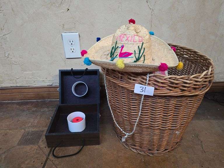 Wicker waste bin and wooden washer game set