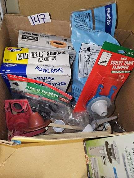 COMMON TOILET REPAIR HARDWARE INCLUDING WAX RINGS, TANK FLAPPER, TANK LEVER ECT ALL NEW IN BOX
