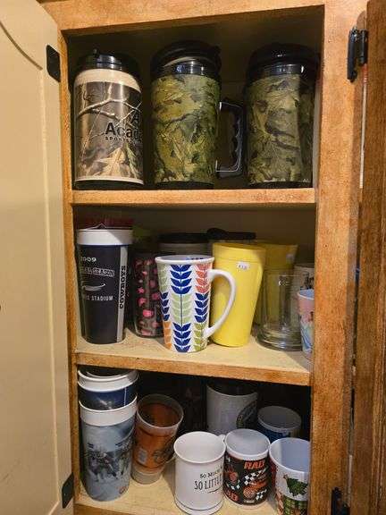 All Mugs, Cups, Plates, Bowls in 3 sections of cabinets