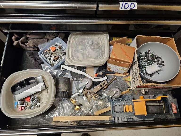 HARDWARE INCLUDING ZIP-TIES, GLOVES, RYOBI TOOL ATTACHMENT, CASTORS ECT