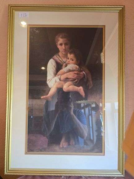 Vintage print of mother holding child in gold wooden frame aprox 23"x32"