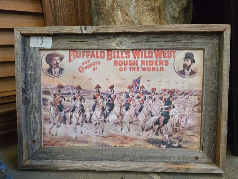 Buffalo Bill's wild west themed wall art in raw wooden frame.aprox 19"x13"