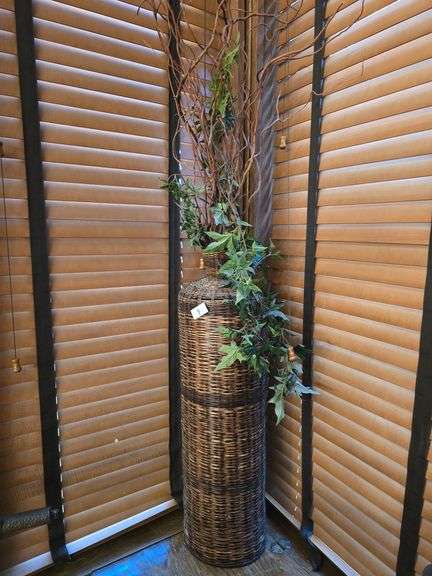 Tall wicker basket with faux vine plant aprox 5' total H