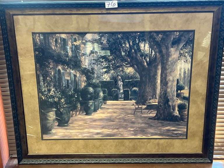 LARGE WOODEN FRAMED ART "LA SIGNORA DEL GIARDINO DI TUSCANA" BY GREG SINGLEY APROX 43"x32"