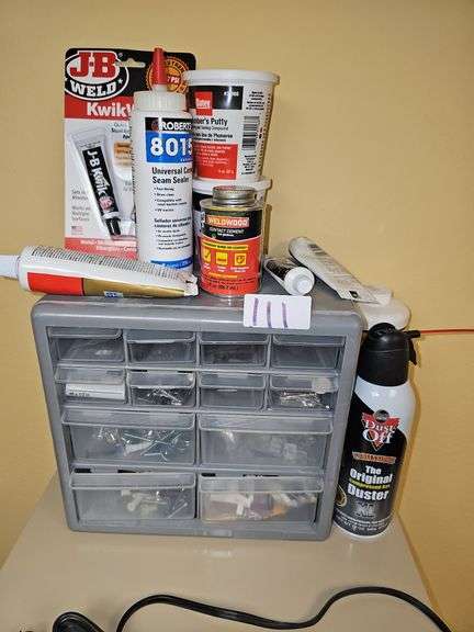 PLASTIC SMALL HARDWARE ORGANIZER WITH 12-DRAWERS FULL APROX 10"x7"x10" WITH VARIOUS SEALANTS INCLD.