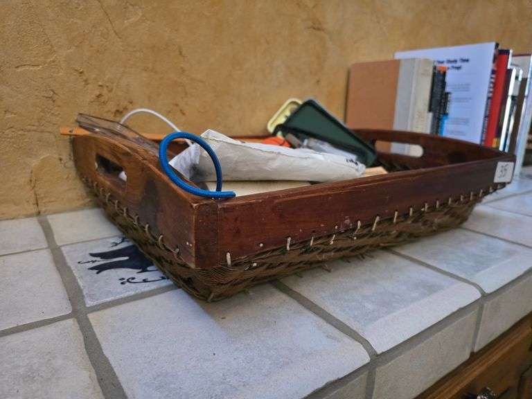 Vintage wood and wicker tray with a variety of home goods included inside aprox 18.5" x 14" x 4"