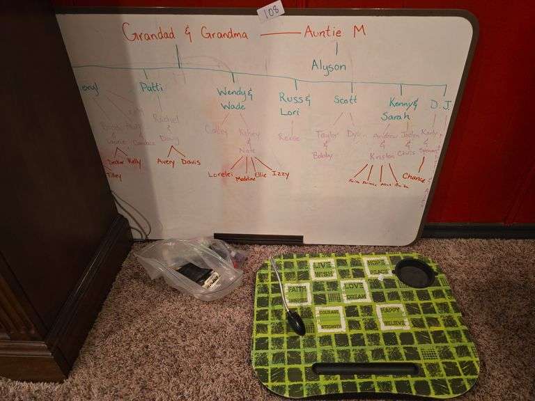 Wall hanging dry erase board aprox 36"x23" w/ expo markers, and lap working station