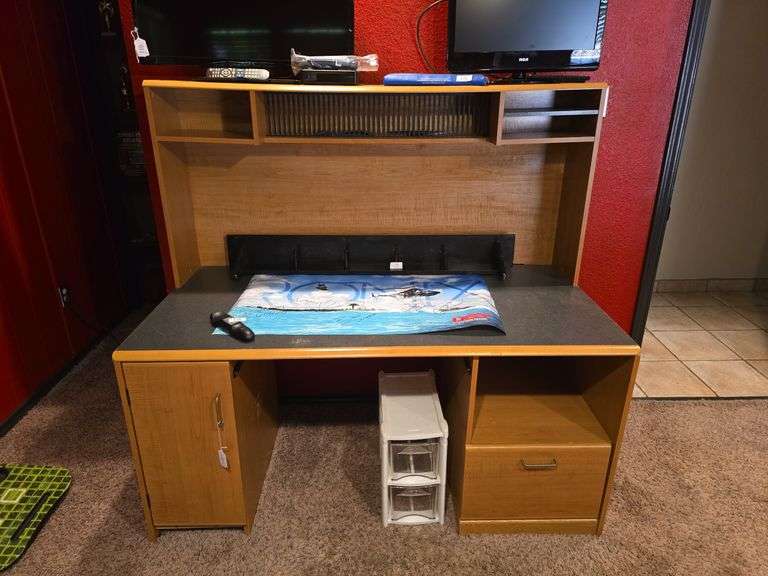 Large wooden multi-tier desk aprox 5'x30"x56"