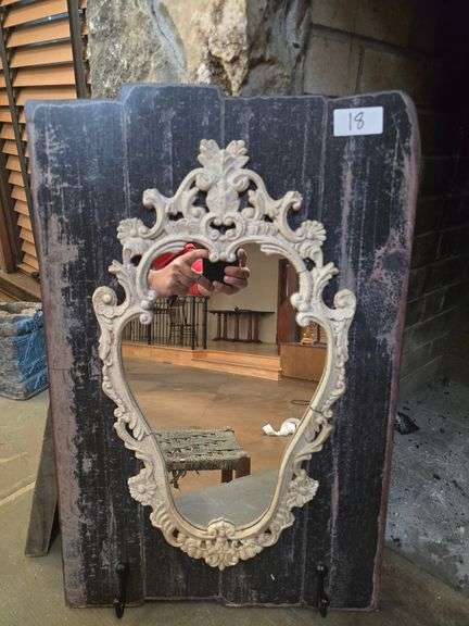 Wall hanging wooden mirror with two hooks aprox 16"x25"