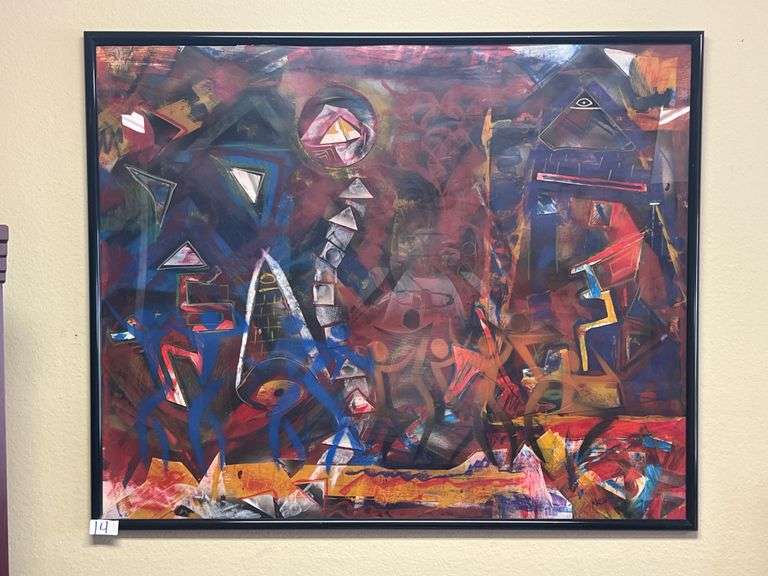 ABSTRACT WALL ART SIGNED "NEAUX '04" IN BLACK PLASTIC FRAME APROX 3.5' x 2'10"