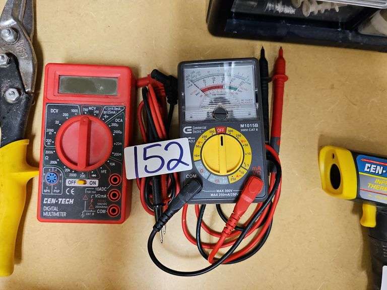 MULTIMETERS INCLUDING CEN-TECH DIGITAL 7-FUNCTION 90899 ; & COMMERCIAL ELECTRIC M1015B 300V CAT II MULTIMETER BOTH WITH PROBES INCLD.