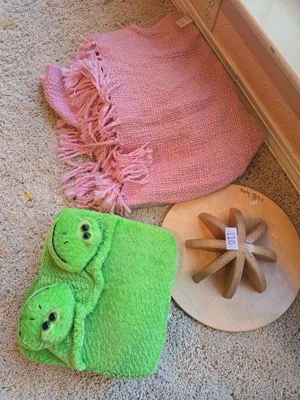 Wooden Balance Stand, Vibrating foot pillow, and vintage hand made pink throw blanket