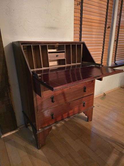 Antique solid mahogany wood drop-front writers desk aprox 30"x17"x39"