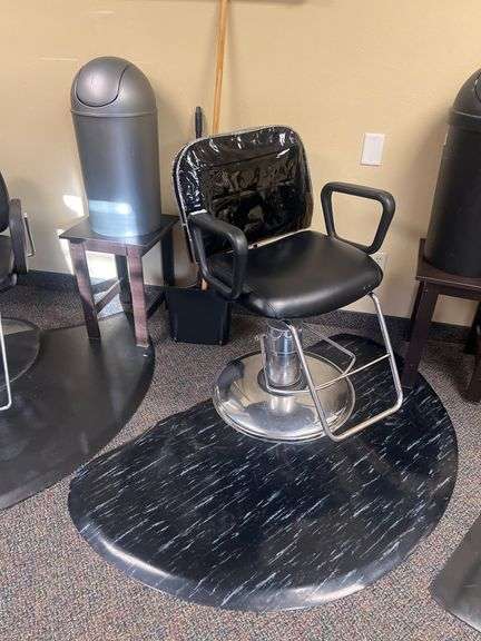 COMPLETE STYLIST SETUP INCLUDING KAEMARK W-60 WESTFALL HYDRAULIC STYLING CHAIR BLACK RETAIL $787, SEMI-CIRCLE ANTI-FATIGUE MAT, SAUDER 414289 DARK WOODEN SMALL END TABLE APROX 15.5"x20" FLIP TOP TRASH-BIN AND BROOM/DUSTPAN SET