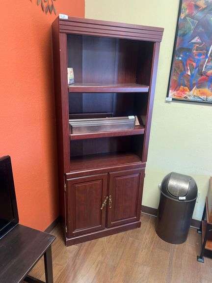 CHERRY WOODEN BOOKSHELF *matches receptionist desk* APROX 2.5'x1'x5'11"