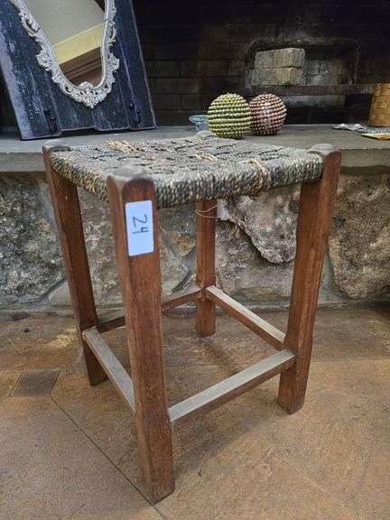 Weaker topped solid wood, short stool approx 1'SQ.x18"H