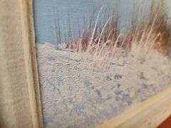 CANVAS PAINTING SIGNED BY ARTIST APPEARS AUTHENTIC IN WHITE WOODEN FRAME APROX 30"x26"