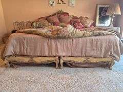 Antique Satinwood carved & hand painted King size bed frame with separated bottom **mattress & bedding incld. If you choose, if not requires removal to curb