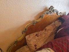 Antique Satinwood carved & hand painted King size bed frame with separated bottom **mattress & bedding incld. If you choose, if not requires removal to curb