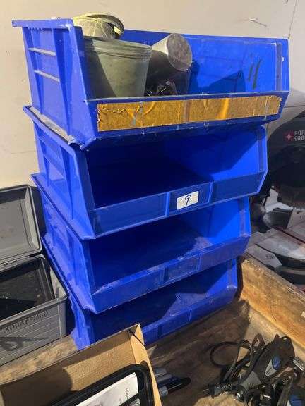 LARGE BLUE STACKING ORGANIZERS INCLUDING AKRO BINS 30-250 AND GLOBAL INDUSTRIAL