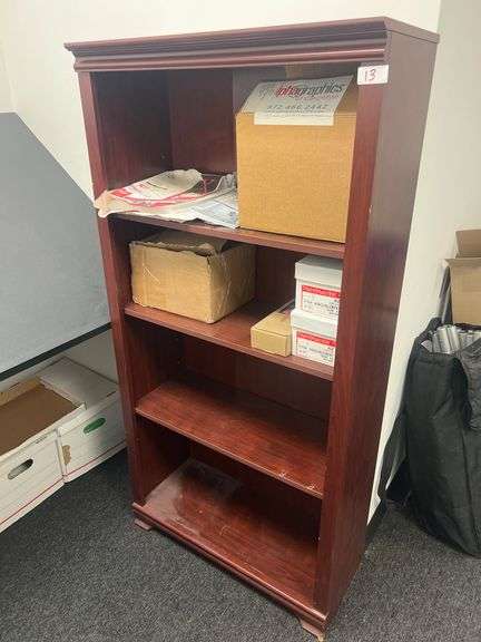 CHERRY SOLID WOOD 4-SHELF BOOKCASE APROX 30"x1'x5' WITH VARIOUS OFFICE SUPPLIES INCLUDED