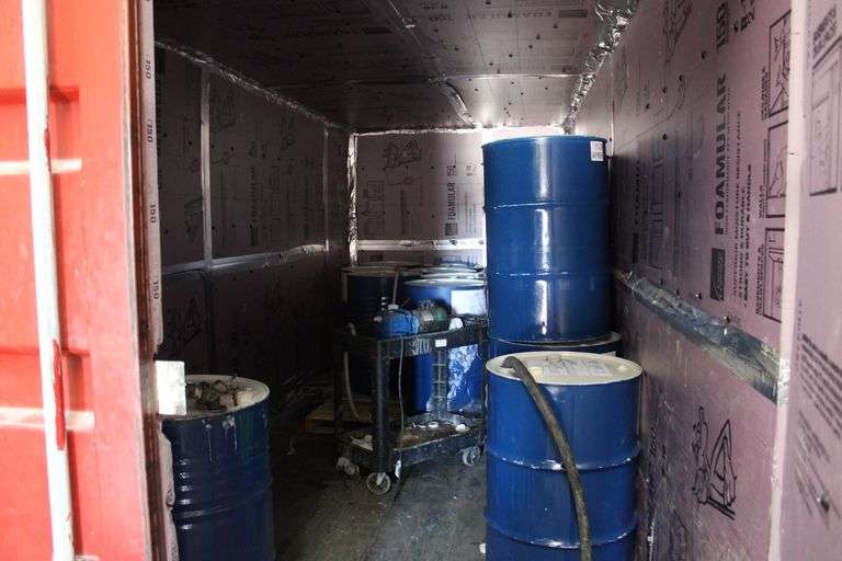 FULLY INSULATED METAL SHIPPING CONTAINER WITH WINDOW AC UNIT, 67,200LB TARE WEIGHT, 62,310LBS MAX CAP APROX 8'W x 20'L x 9'H FULL OF SPRAY FOAM CHEMICALS IN METAL 50-GAL BARRELS. BUYER MUST TAKE ALL, A WEEK WILL BE GIVEN FOR THE REMOVAL. GOOD STRUCTURAL CONDITION