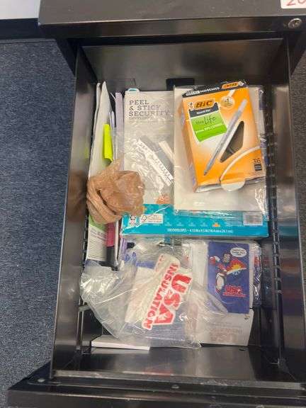 2-DRAWER BLACK METAL FILING CABINET APROX 15"x22"x27" FULL OF VARIOUS OFFICE SUPPLIES