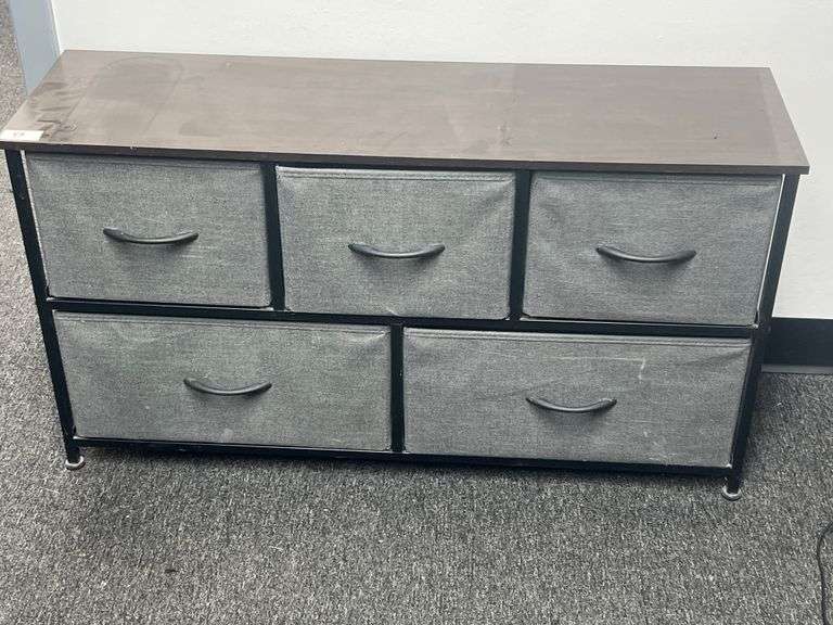 CUBE ORGANIZER WITH DARK WOODEN TOP, METAL BASE, AND FABRIC DRAWERS APROX 39.5"x1'x21"