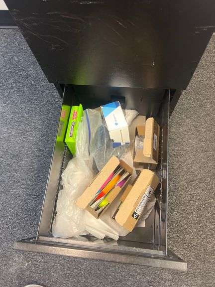 2-DRAWER BLACK METAL FILING CABINET APROX 15"x22"x27" FULL OF VARIOUS OFFICE SUPPLIES