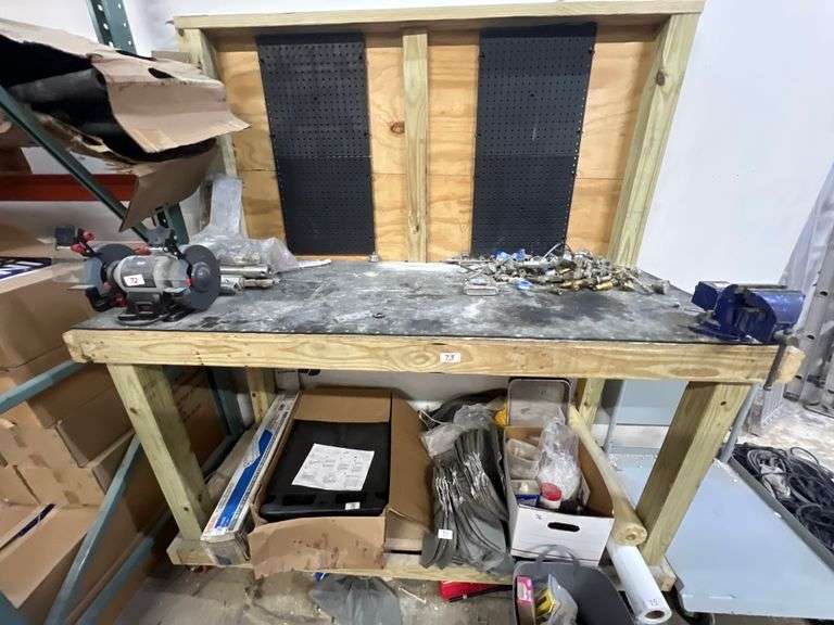 SOLID WOOD CUSTOM BUILT WORKBENCH ON HEAVY DUTY WHEELS APROX 74"X32"X81"