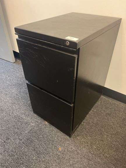 2-DRAWER BLACK METAL FILING CABINET APROX 15"x22"x27" FULL OF VARIOUS OFFICE SUPPLIES