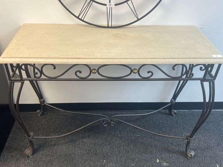 LONG DECORATIVE END TABLE WITH SOLID METAL LEGS, VERY HEAVY DUTY APROX 4'x19"x32"