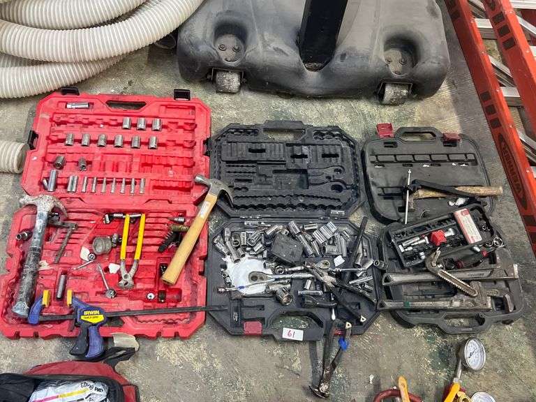 VARIETY OF HAND TOOLS AND ATTACHMENTS INCLUDING CRAFTSMAN SOCKETS, HAMMERS, PIPE WRENCH'S PLIERS, ECT