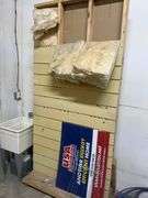 WOODEN PLANKS INCLUDING 2-WHEEL DOLLIES APROX 4' ; AND LARGE WOODEN PORTABLE WALL