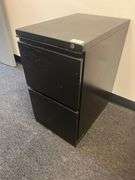 2-DRAWER BLACK METAL FILING CABINET APROX 15"x22"x27" FULL OF VARIOUS OFFICE SUPPLIES