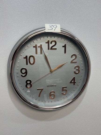 13" SILVER WALL CLOCK WITH ROSE GOLD TONED NUMBERS