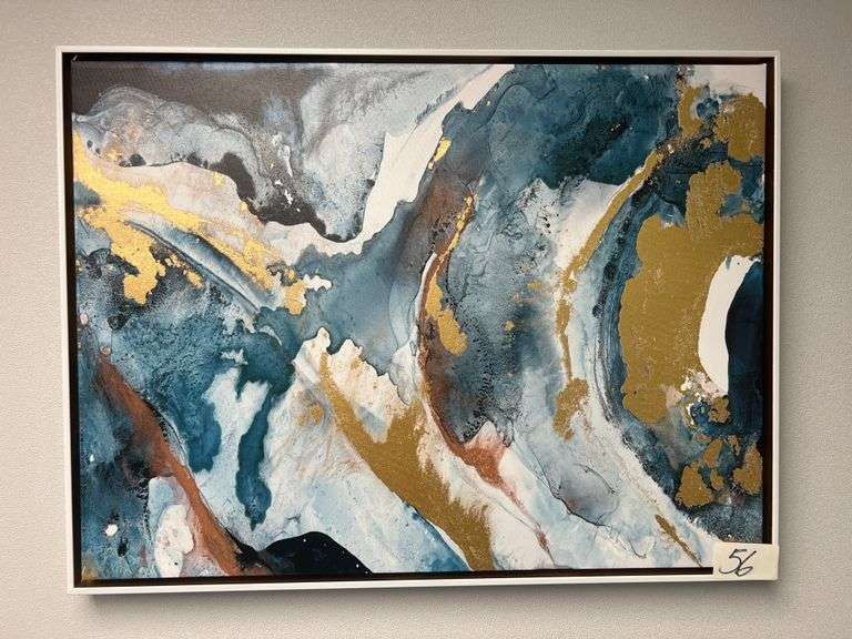 BLUE LIQUID MARBLE THEMED CANVAS IN WHITE PLASTIC FRAME APROX 2'x18"