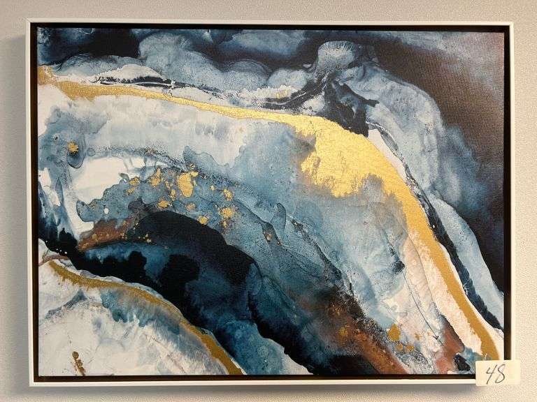 BLUE LIQUID MARBLE THEMED CANVAS IN WHITE PLASTIC FRAME APROX 2'x18"