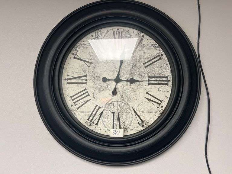 ROMAN NUMERAL WORLD THEMED BLACK WOODEN FRAMED WALL CLOCK APROX 30"