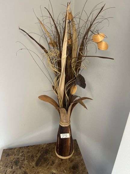 RAW WOOD SHAVING VASE WITH FAUX FOLIAGE APROX 38" TOTAL H
