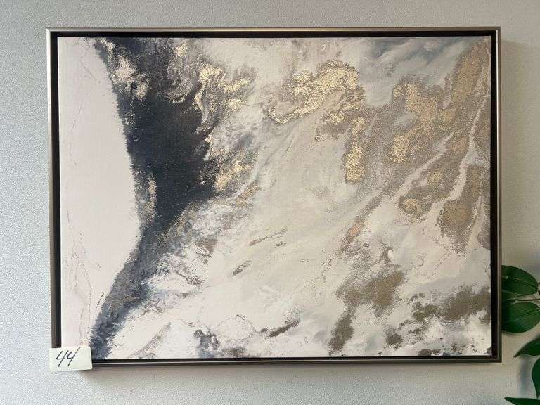 SILVER LIQUID MARBLE THEMED CANVAS IN GREY METAL FRAME APROX 2'x18"