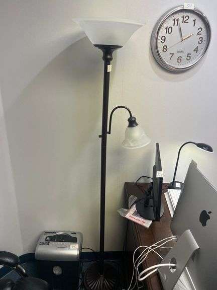 DARK BROWN FLOOR STANDING LAMP WITH 2-SMOKE WHITE SHADES, APROX 6'