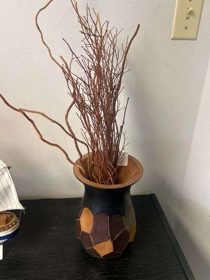 GENUINE CARVED WOOD VASE APROX 9"H W/ FAUX FOLIAGE