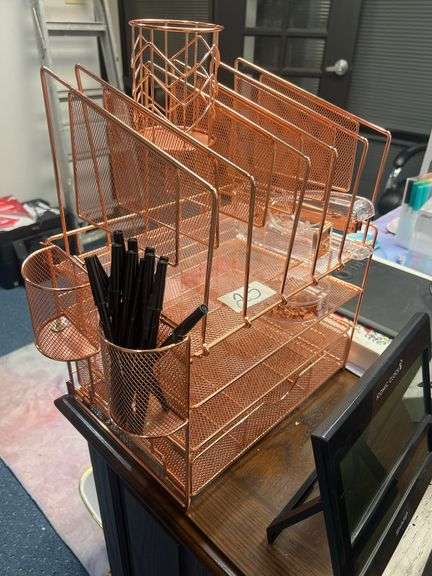 COPPER TONED OFFICE DESK SET INCLUDING FILE ORGANIZER, PEN HOLDERS, STAPLER, TAPE DISPENSER AND VARIOUS CLIPS
